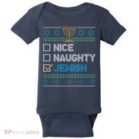 Nice Naughty Jewish Ugly Christmas Sweater Funny Hanukkah Baby Bodysuit thumb 0