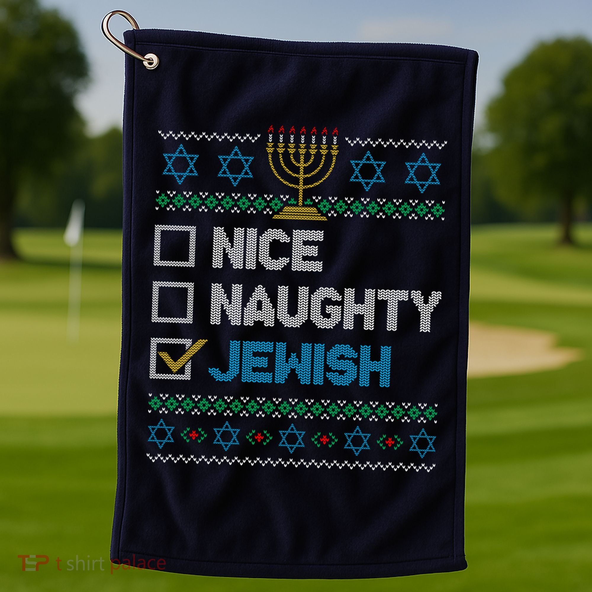 Nice Naughty Jewish Ugly Christmas Sweater Funny Hanukkah Golf Towel