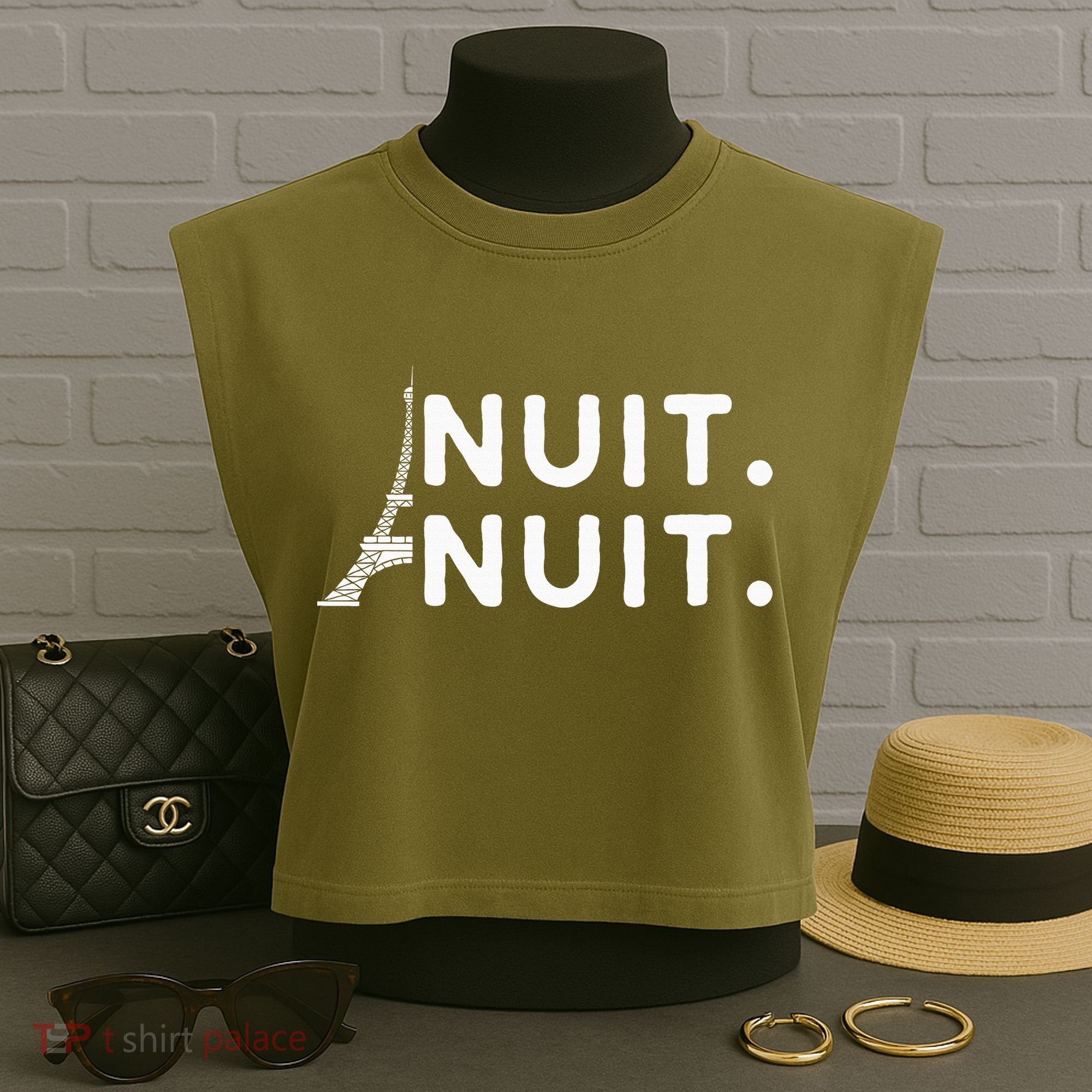 Nuit Nuit Night Night French Words Paris Tower Eiffel Garment-Dyed Women's Muscle Tee