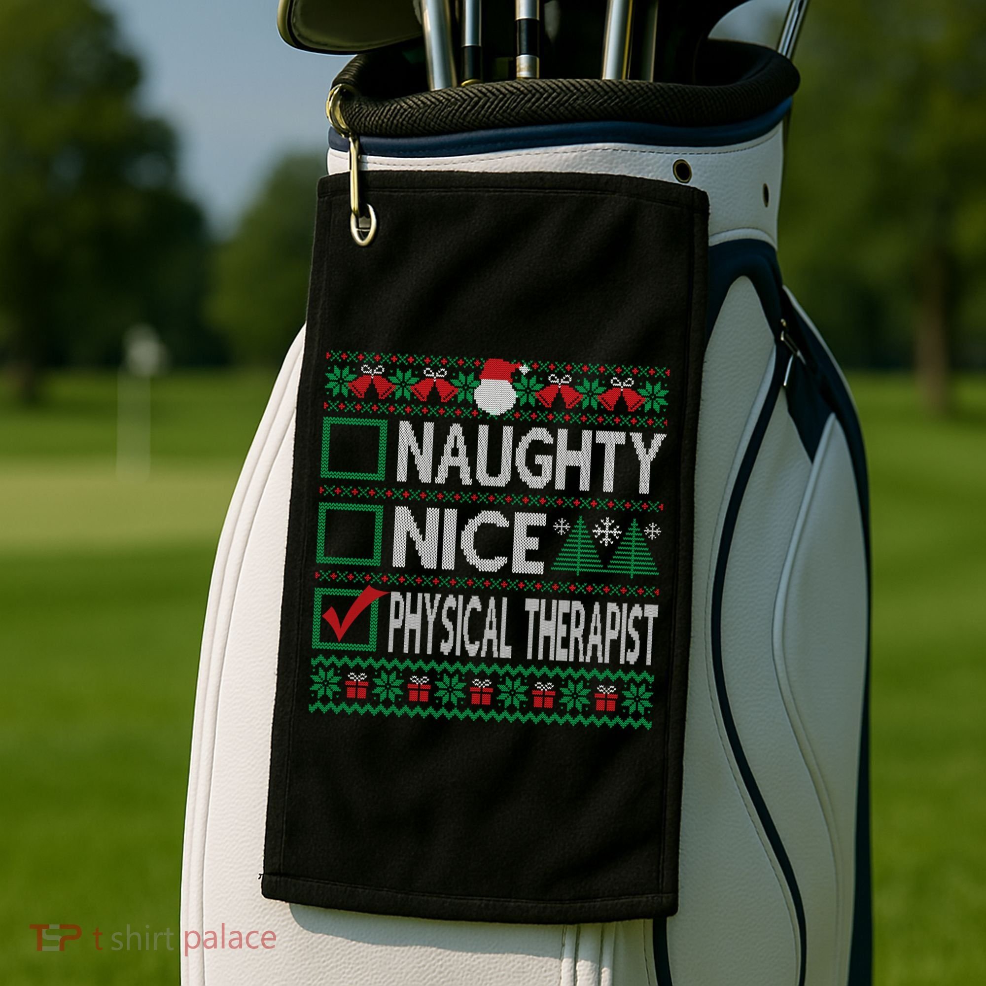 Naughty Nice Physical Therapist Christmas List Ugly Sweater Funny Gift Golf Towel