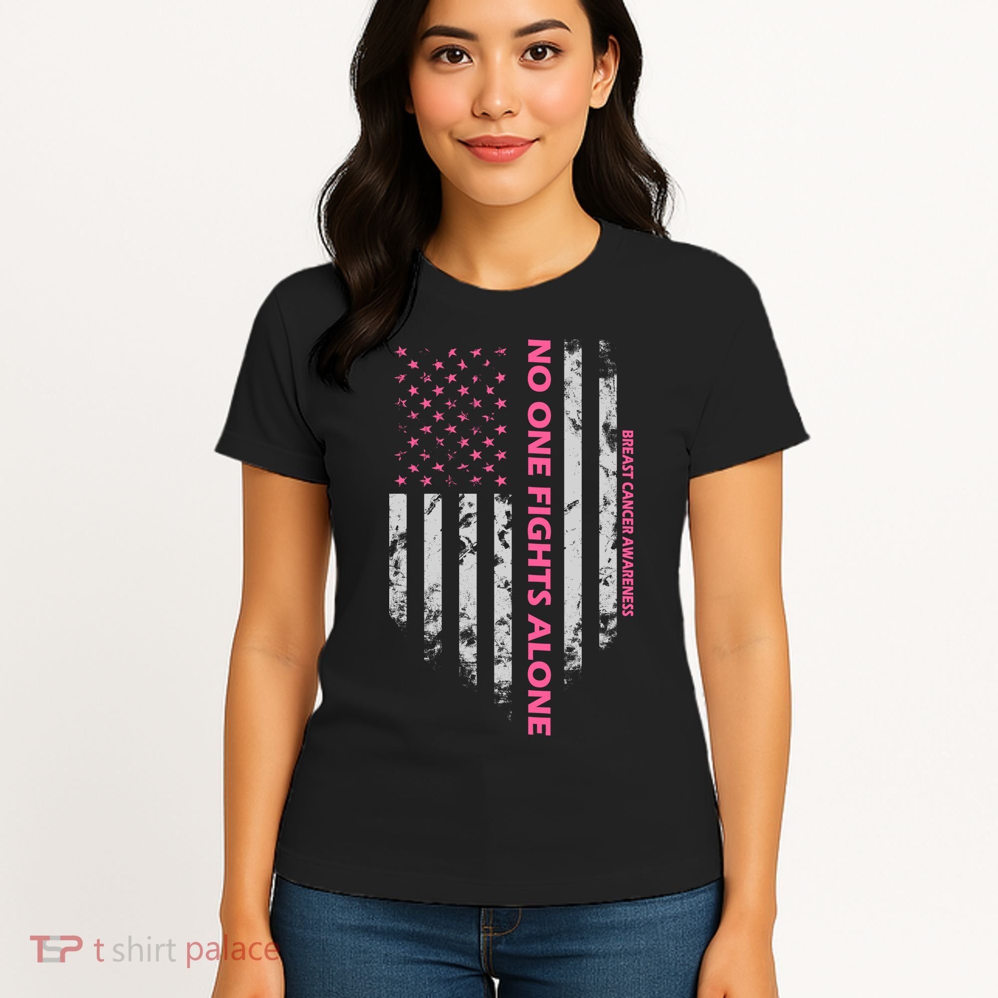 No One Fight Alone Breast Cancer Awareness Flag Women's T-Shirt