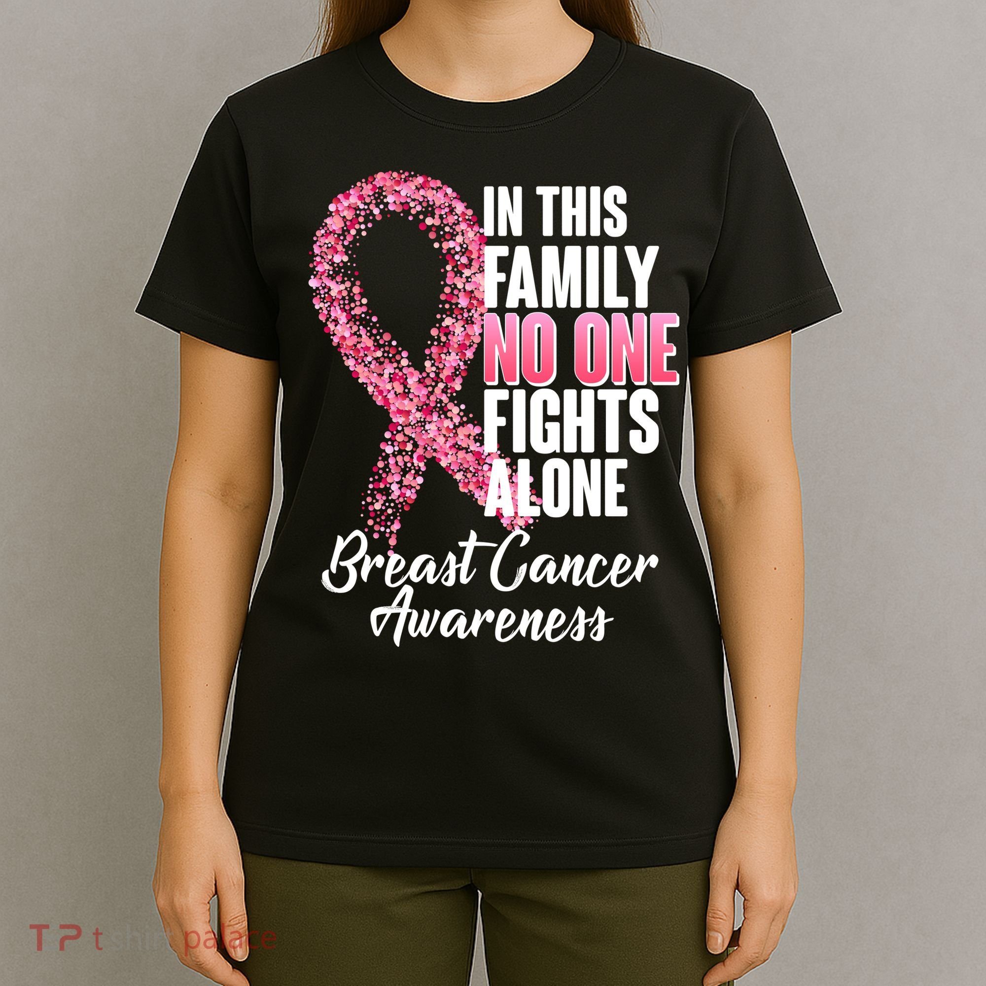 No One Fights Alone Breast Cancer Ribbon T-Shirt