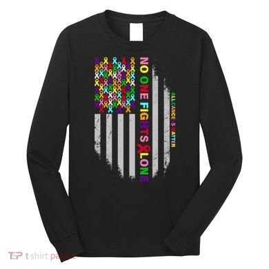 No One Fights Alone Cancer Awareness Ribbon Flag Long Sleeve Shirt