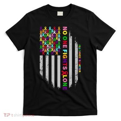 No One Fights Alone Cancer Awareness Ribbon Flag T-Shirt