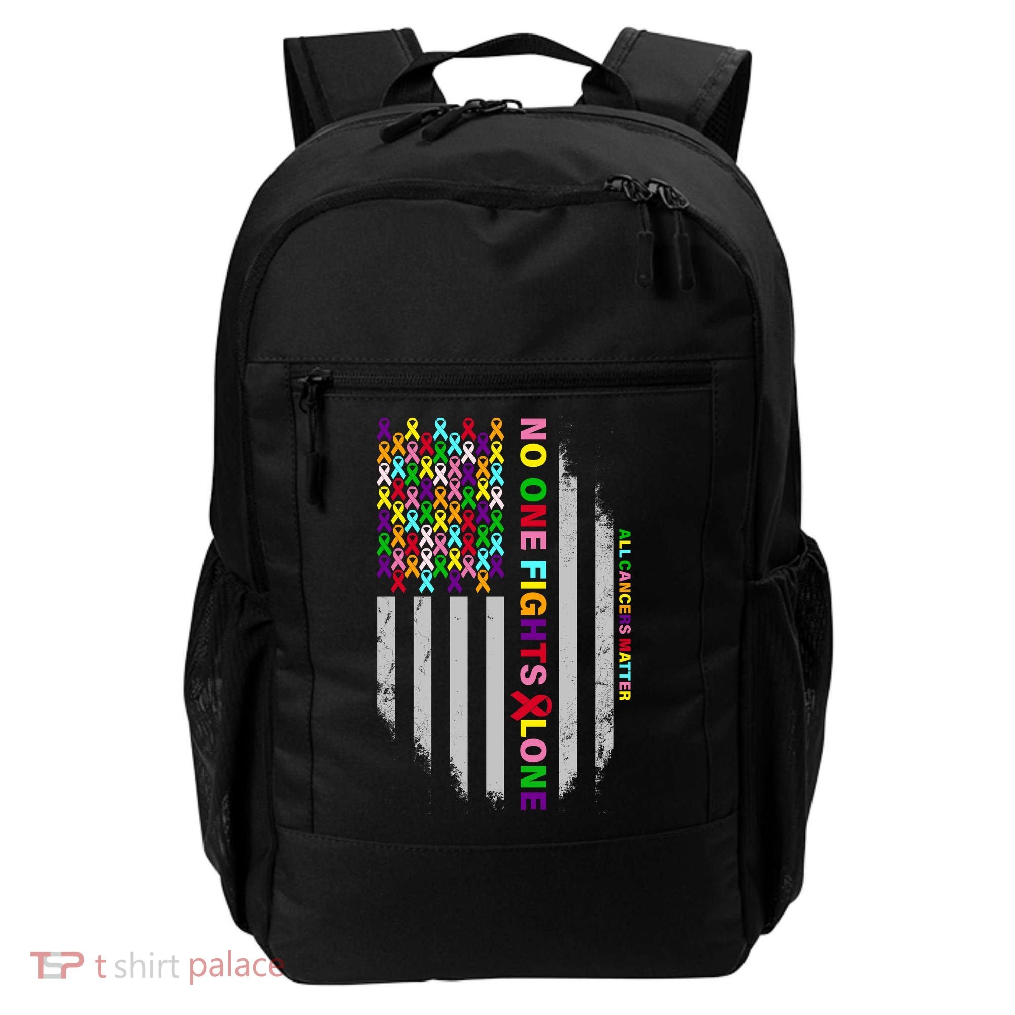 No One Fights Alone Cancer Awareness Ribbon Flag Backpack