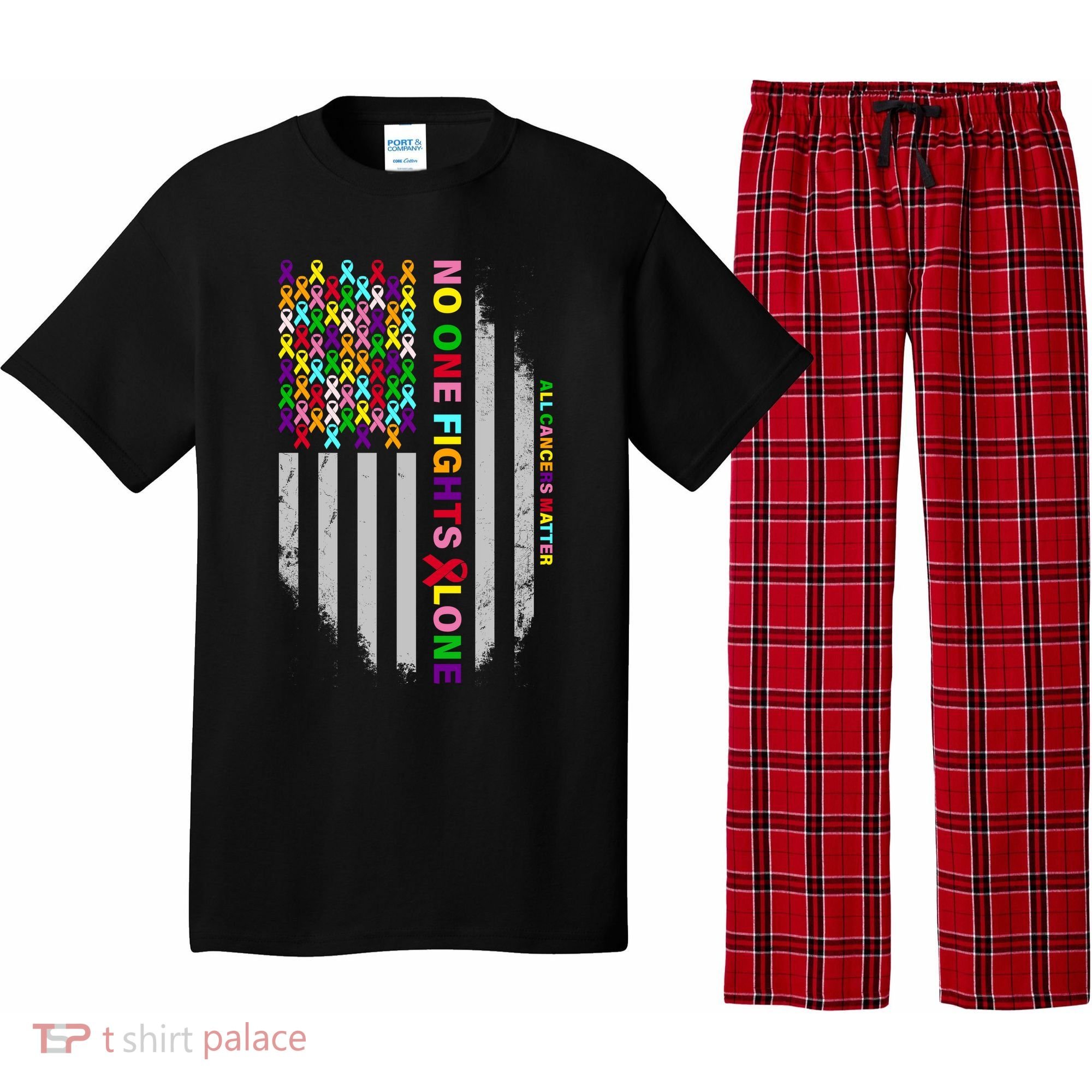 No One Fights Alone Cancer Awareness Ribbon Flag Pajama Set