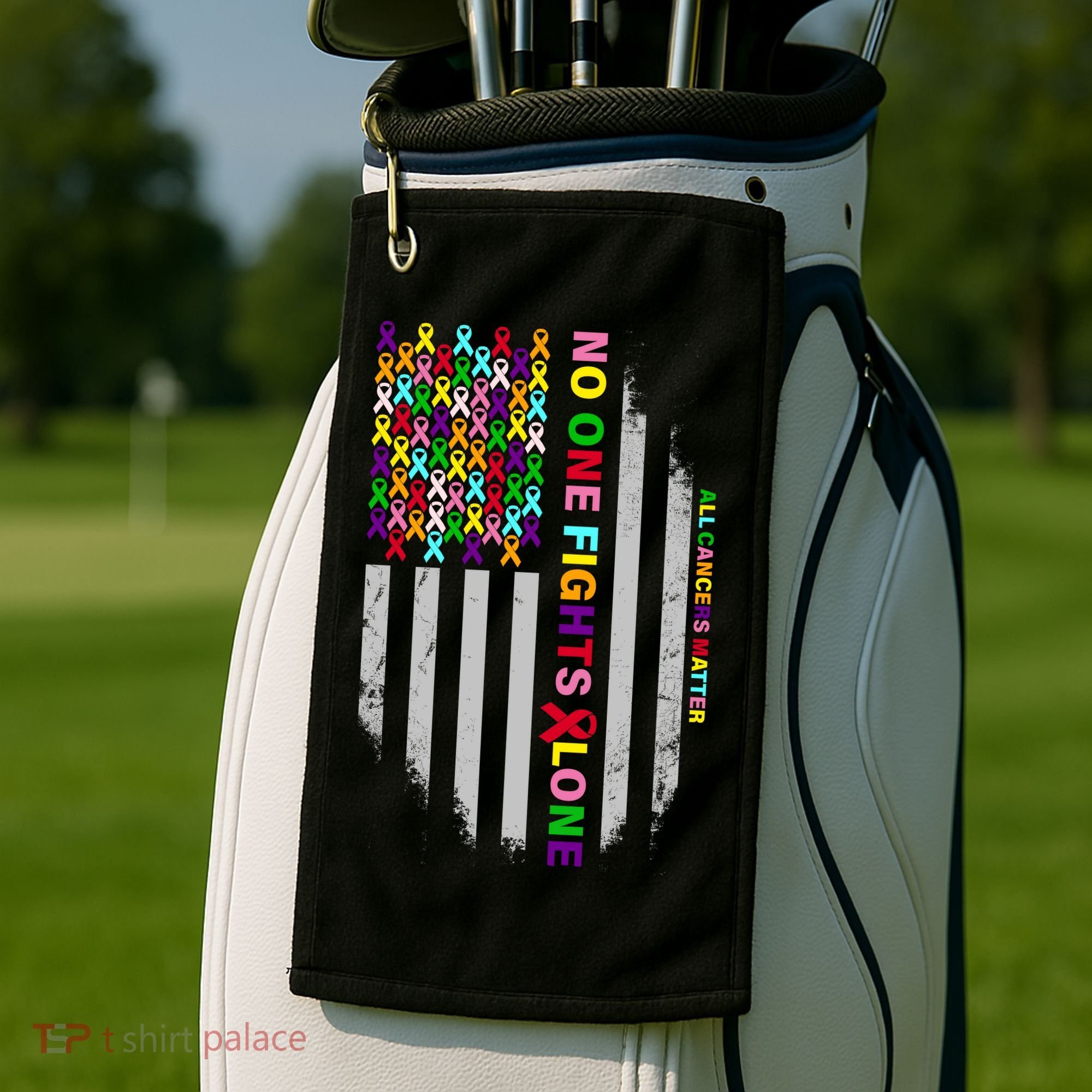 No One Fights Alone Cancer Awareness Ribbon Flag Golf Towel