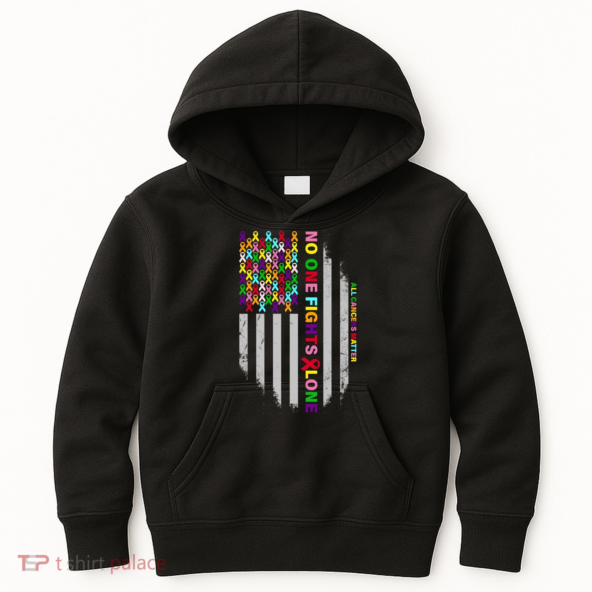 No One Fights Alone Cancer Awareness Ribbon Flag Kids Hoodie