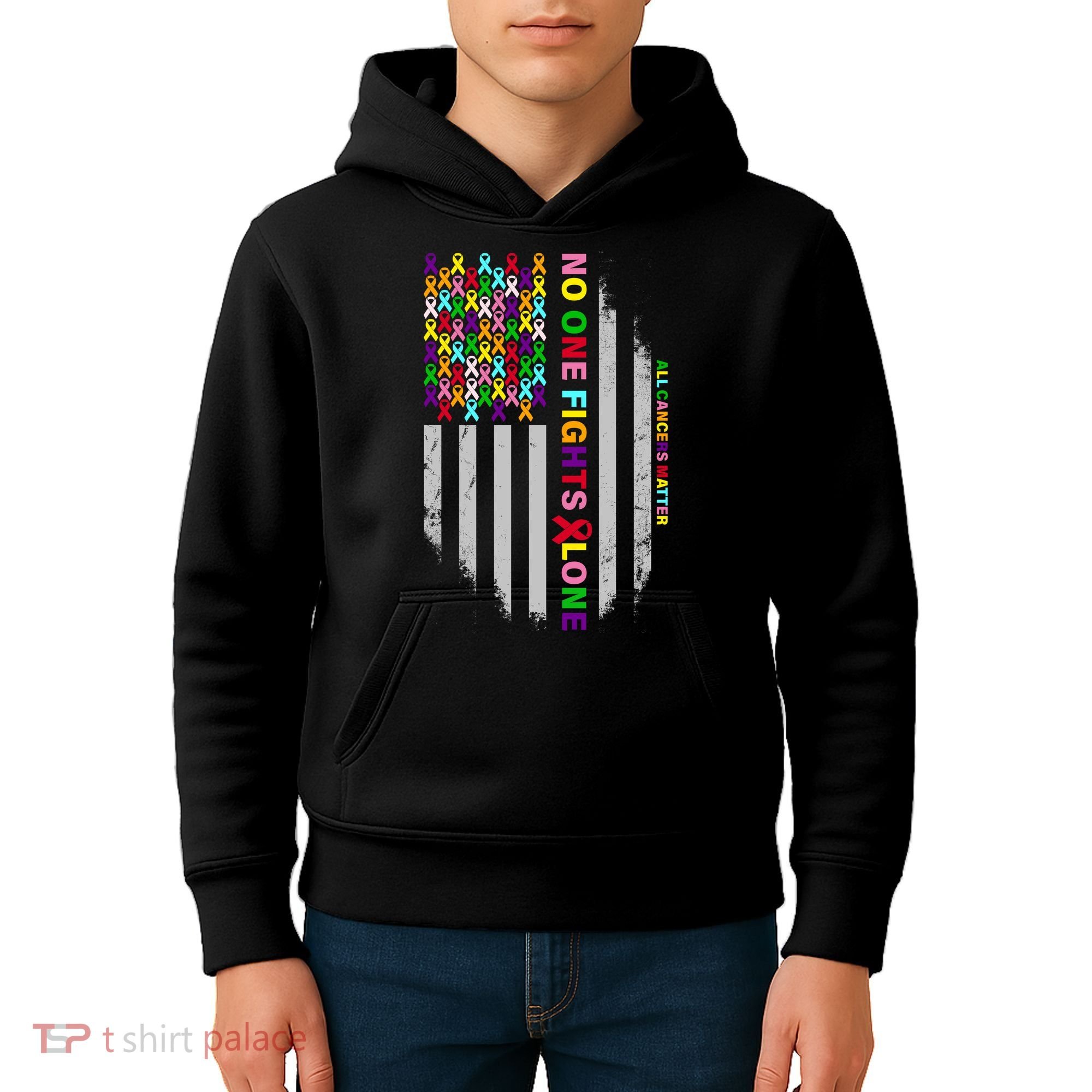 No One Fights Alone Cancer Awareness Ribbon Flag Kids Hoodie