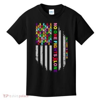 No One Fights Alone Cancer Awareness Ribbon Flag Kids T-Shirt