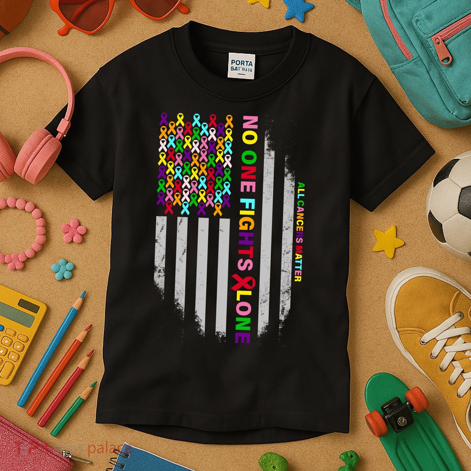 No One Fights Alone Cancer Awareness Ribbon Flag Kids T-Shirt