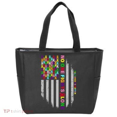No One Fights Alone Cancer Awareness Ribbon Flag Tote Bag
