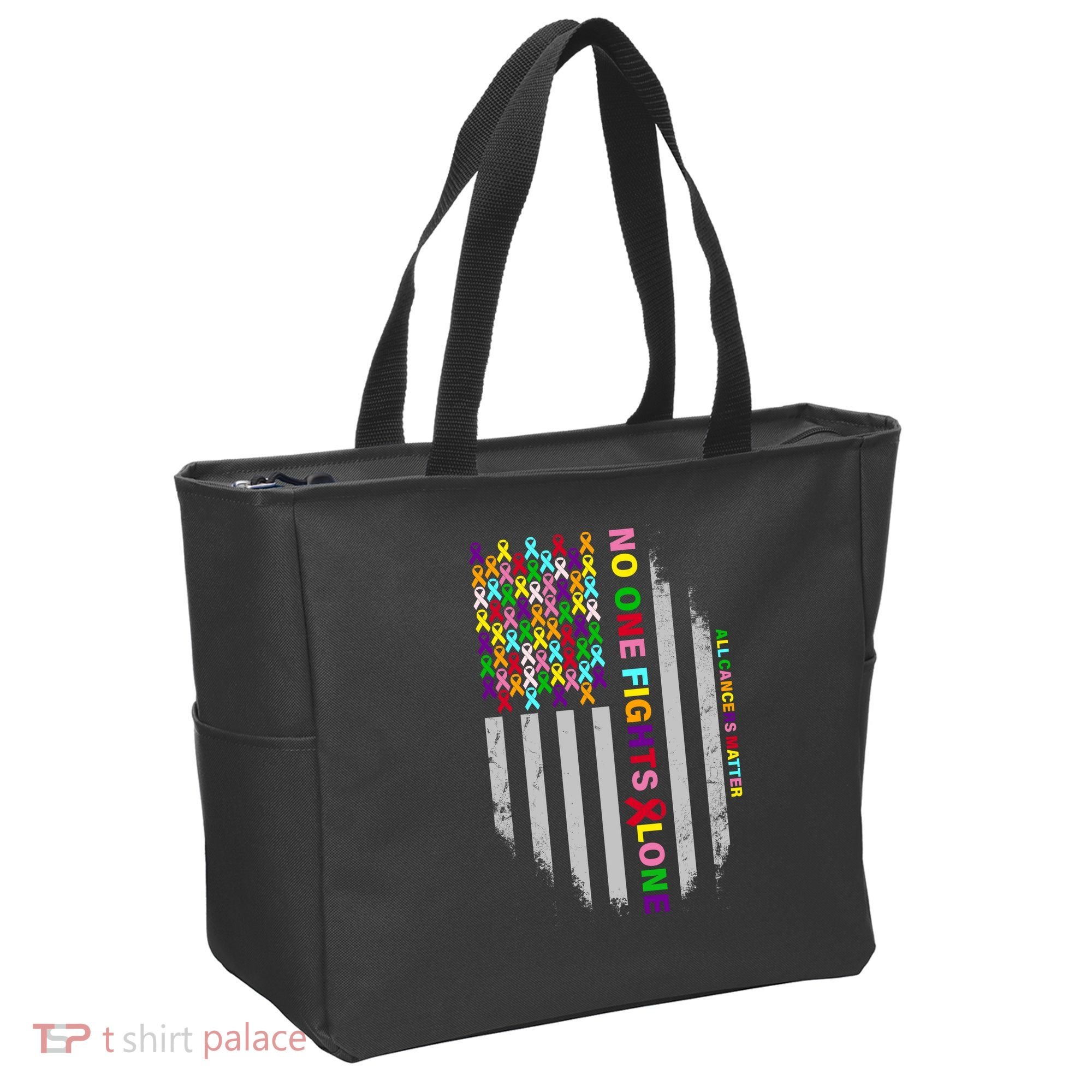 No One Fights Alone Cancer Awareness Ribbon Flag Tote Bag