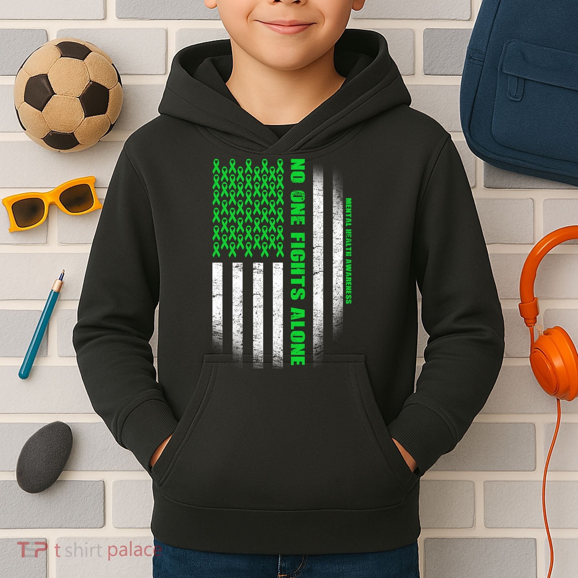 No One Fights Alone Mental Health Awareness Flag Kids Hoodie