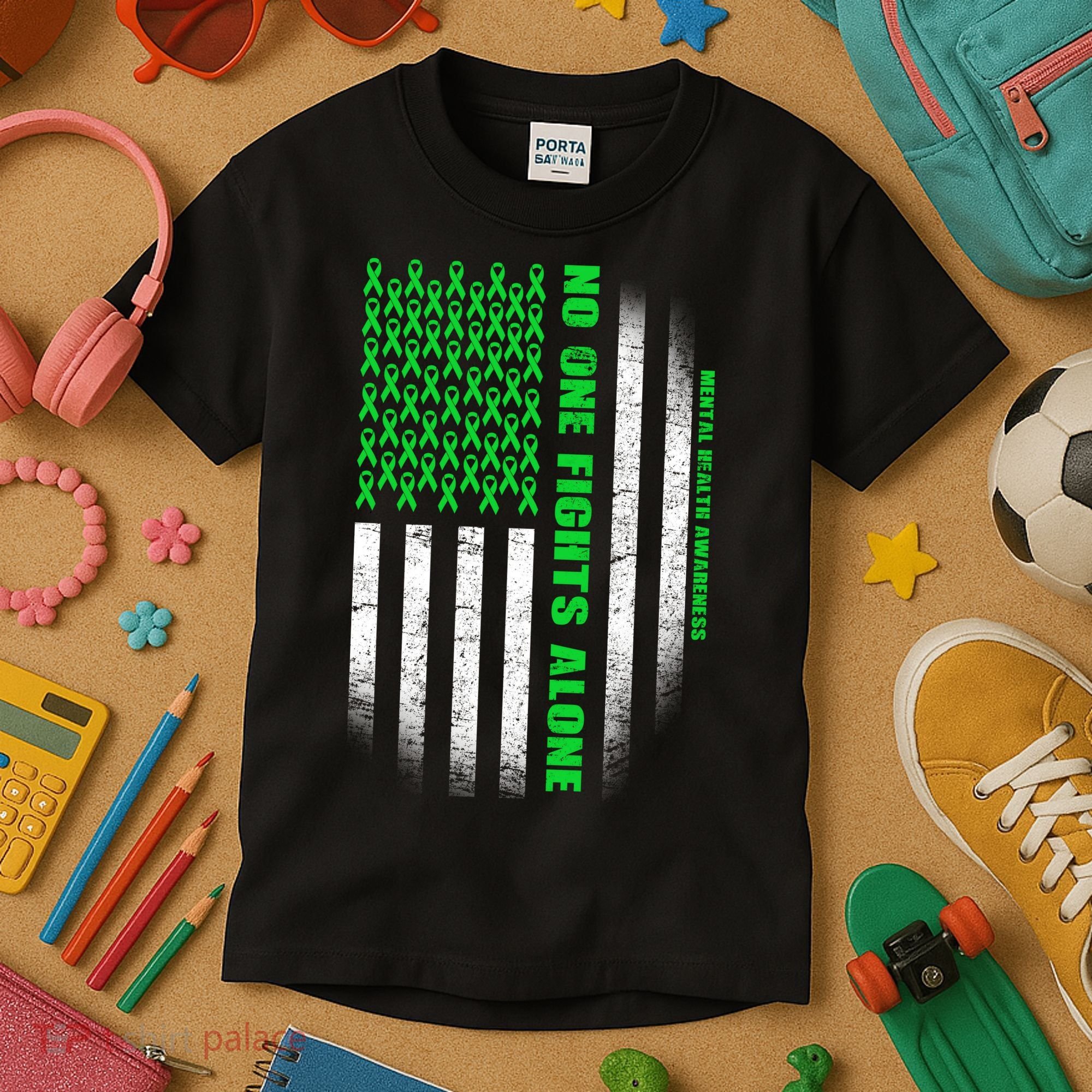 No One Fights Alone Mental Health Awareness Flag Kids T-Shirt