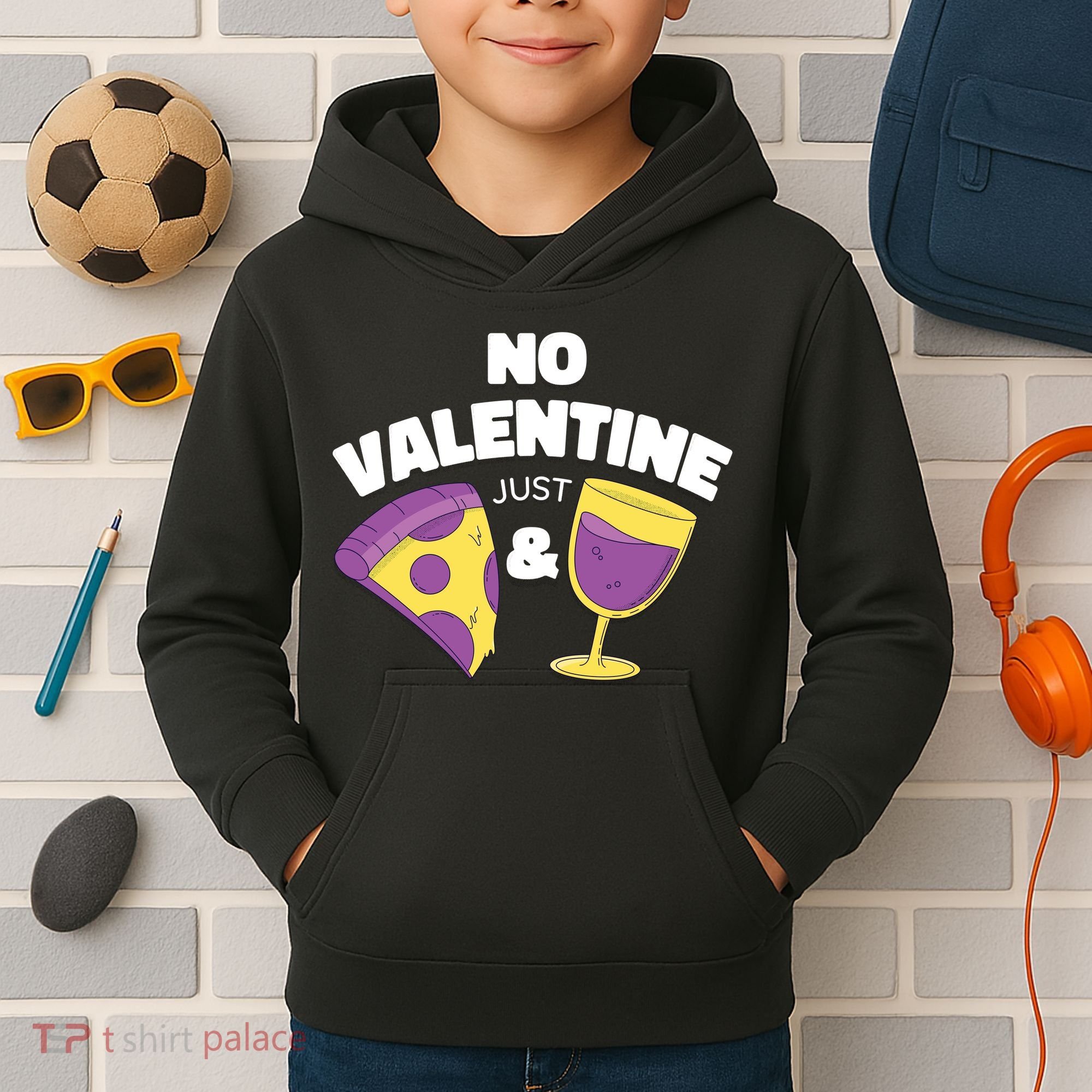 No Valentine Just Pizza And Wine Kids Hoodie