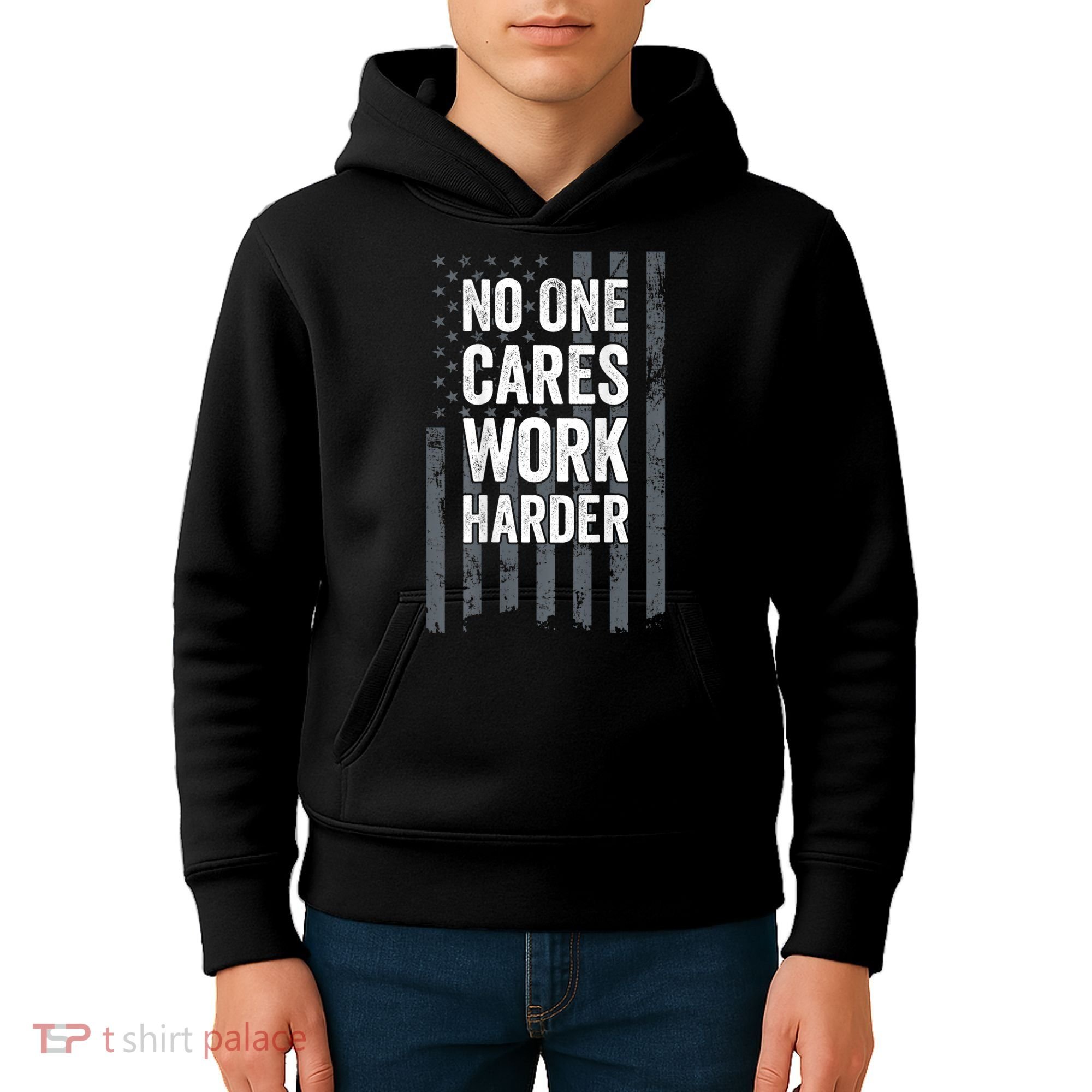 No One Cares Work Harder Motivational Workout Gym ON BACK Kids Hoodie