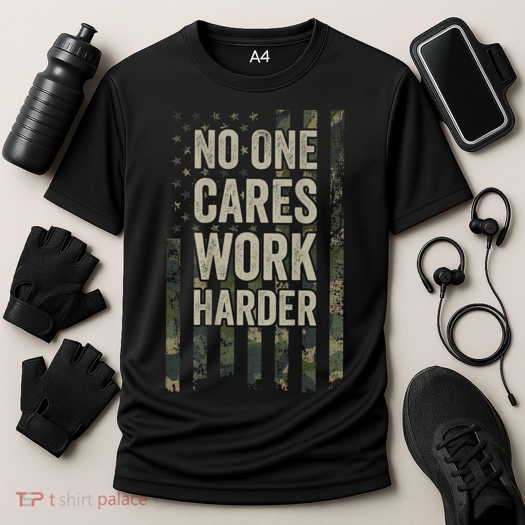 No One Cares Work Harder Motivational Workout Gym Cooling Performance Crew T-Shirt