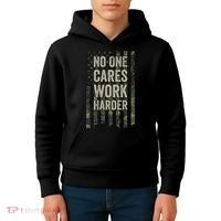 No One Cares Work Harder Motivational Workout Gym Kids Hoodie thumb 4