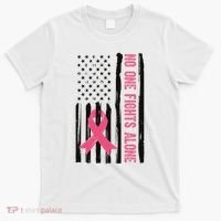 No One Fights Alone Breast Cancer Usa Ribbon T-Shirt thumb 0