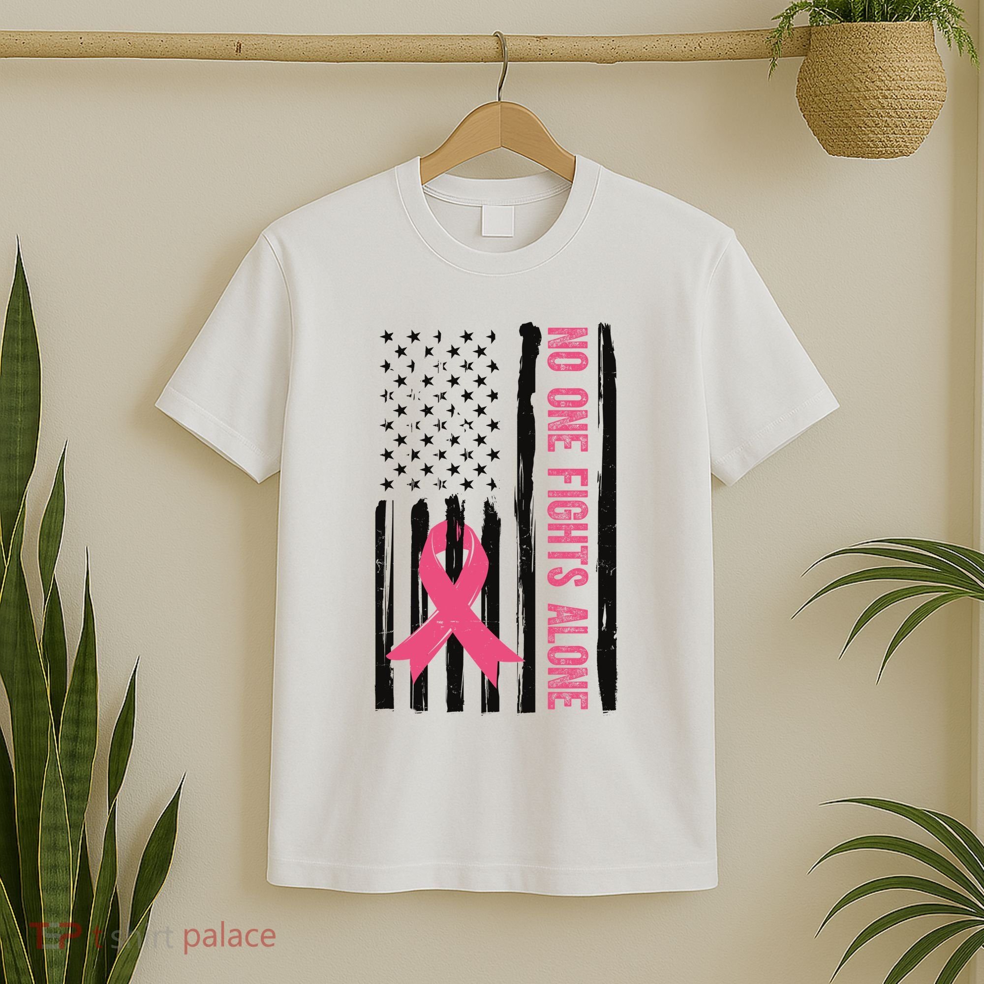 No One Fights Alone Breast Cancer Usa Ribbon T-Shirt