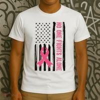 No One Fights Alone Breast Cancer Usa Ribbon T-Shirt thumb 3