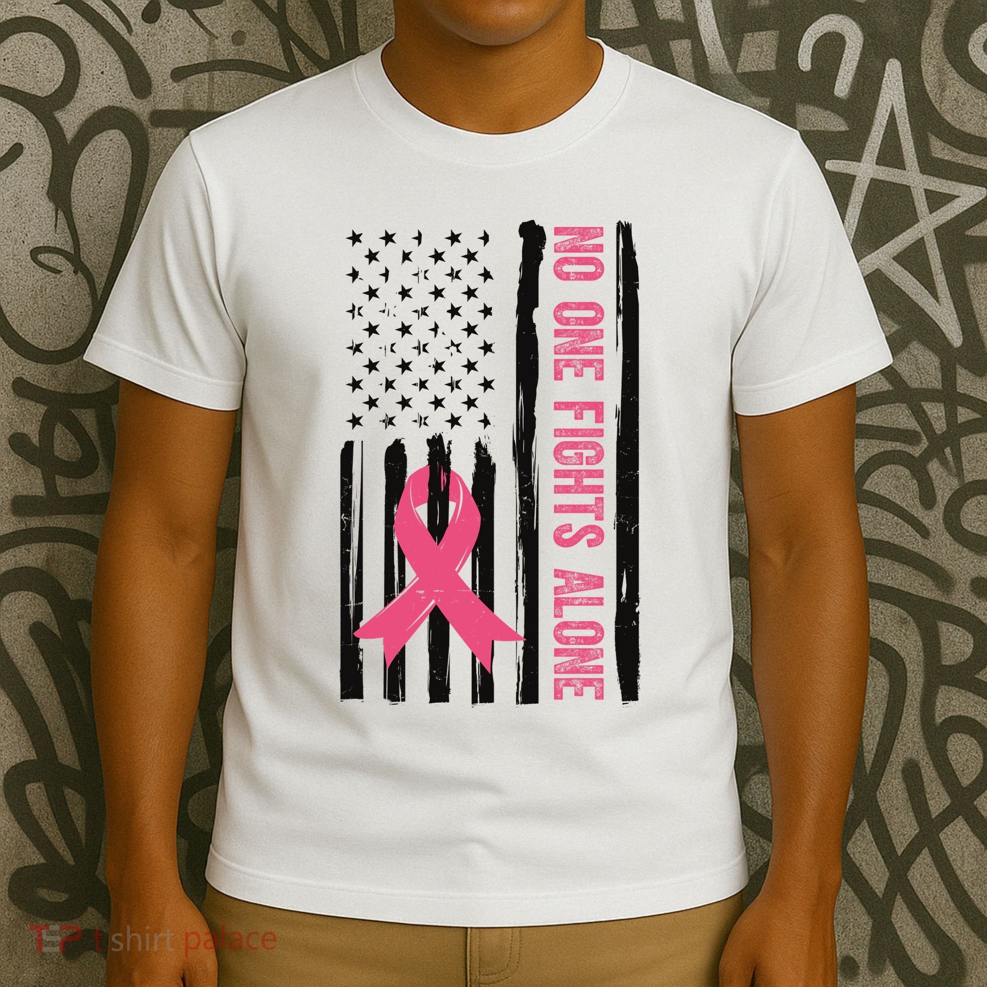 No One Fights Alone Breast Cancer Usa Ribbon T-Shirt