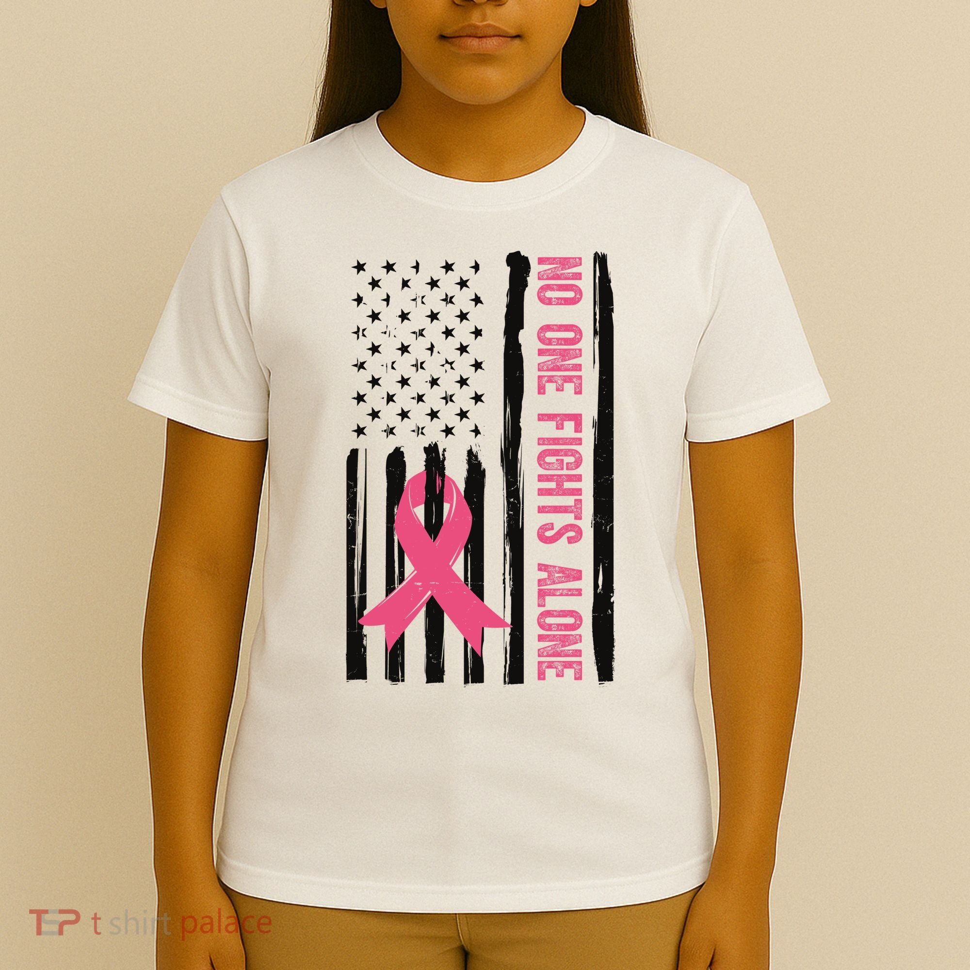 No One Fights Alone Breast Cancer Usa Ribbon T-Shirt