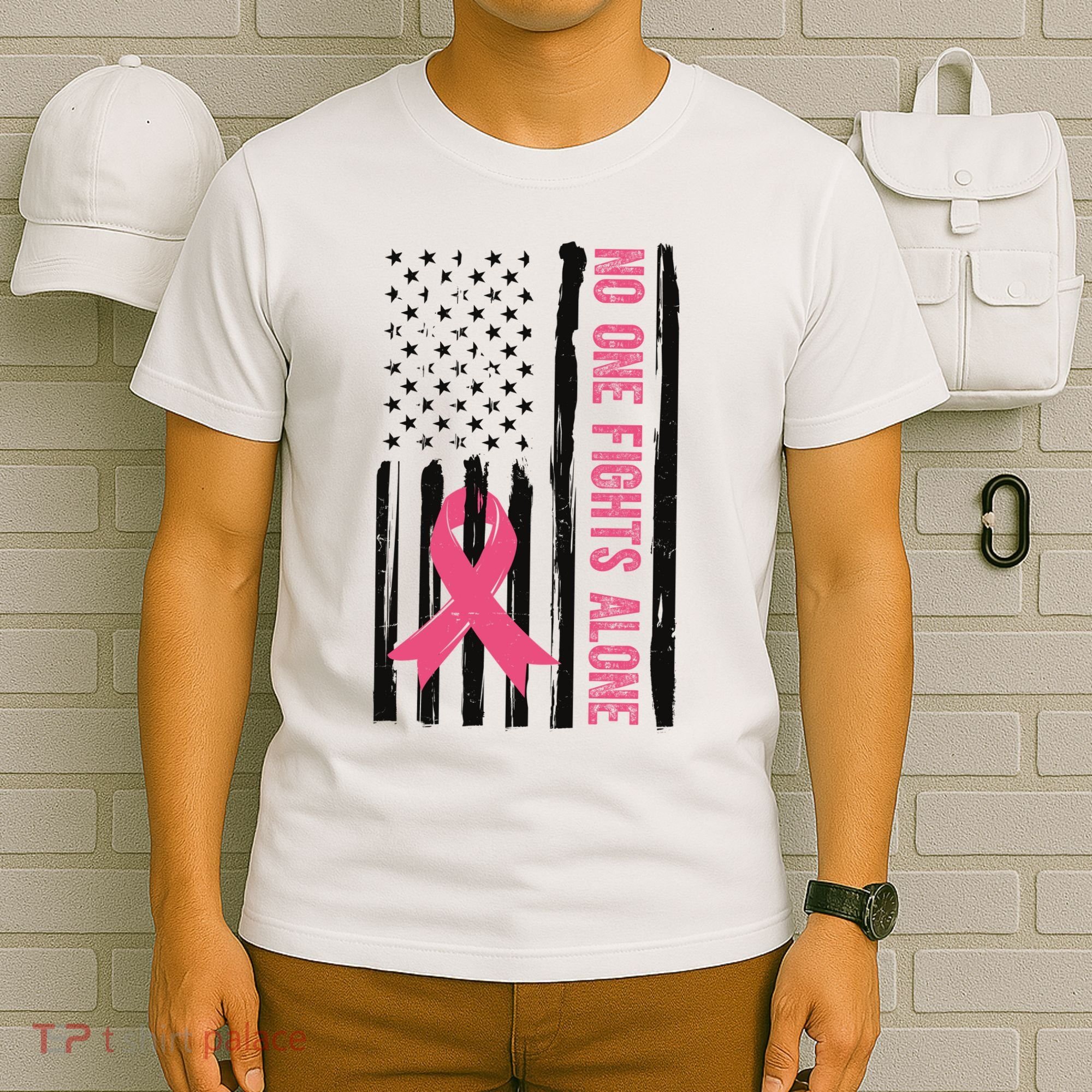 No One Fights Alone Breast Cancer Usa Ribbon T-Shirt