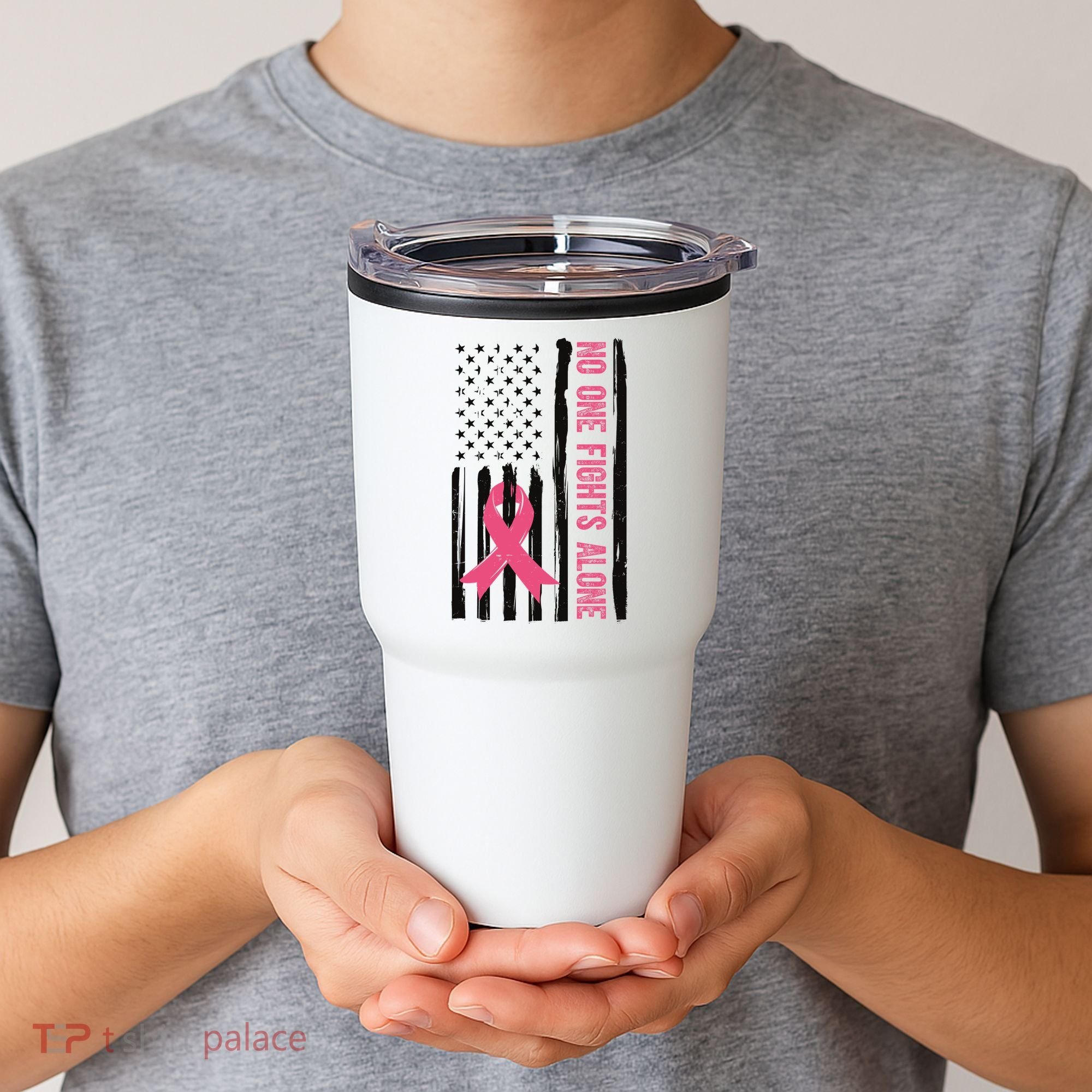 No One Fights Alone Breast Cancer Usa Ribbon Tumbler