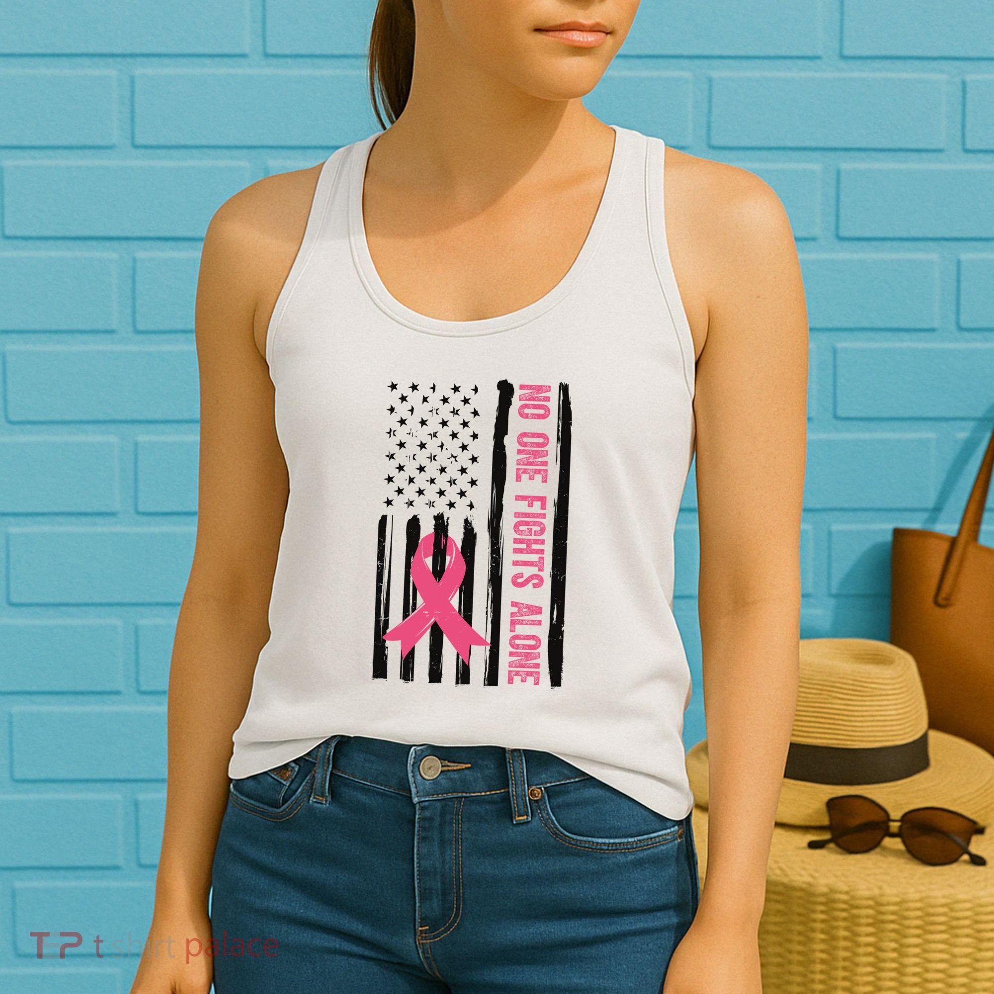 No One Fights Alone Breast Cancer Usa Ribbon Women's Tank Top