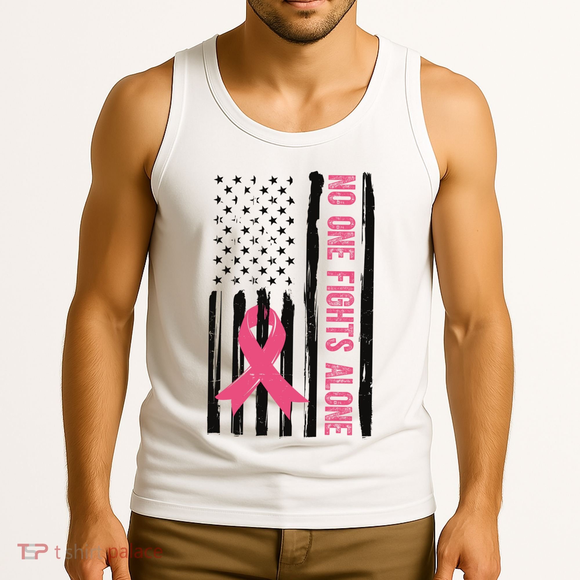 No One Fights Alone Breast Cancer Usa Ribbon Tank Top