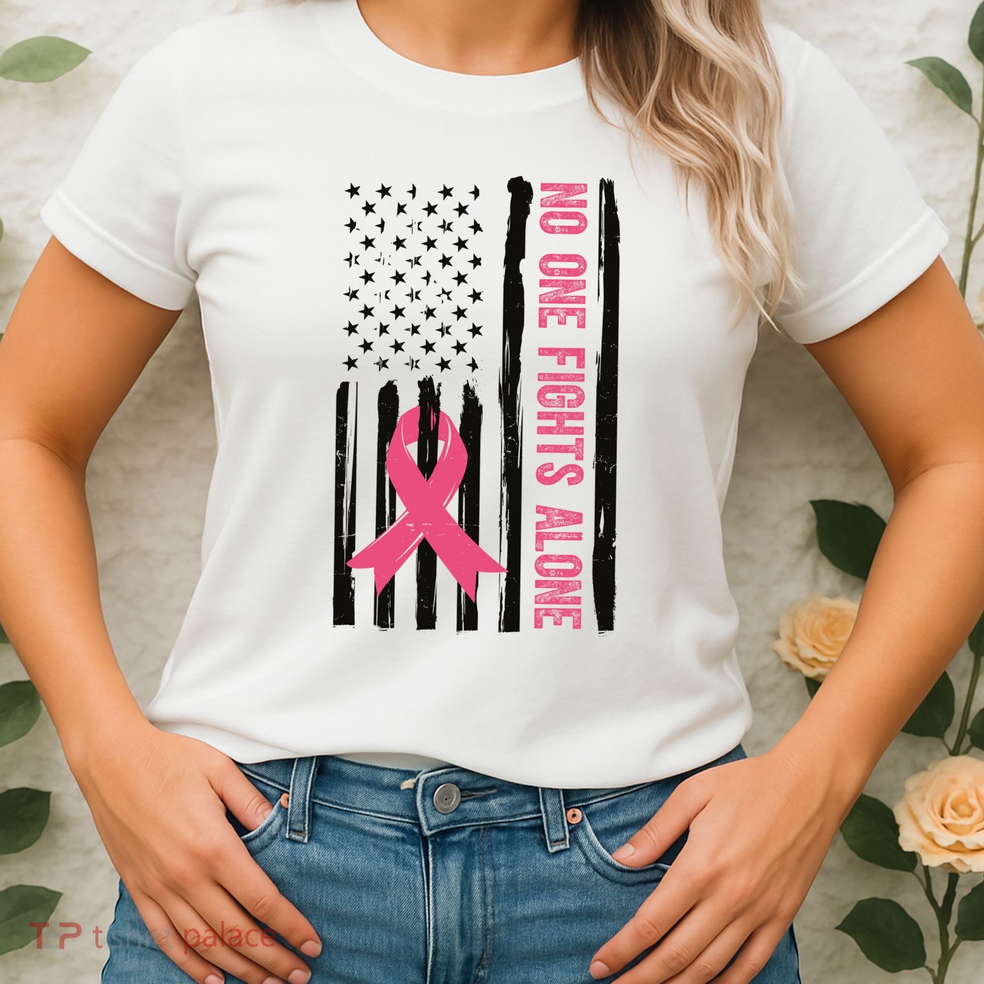 No One Fights Alone Breast Cancer Usa Ribbon Women's T-Shirt