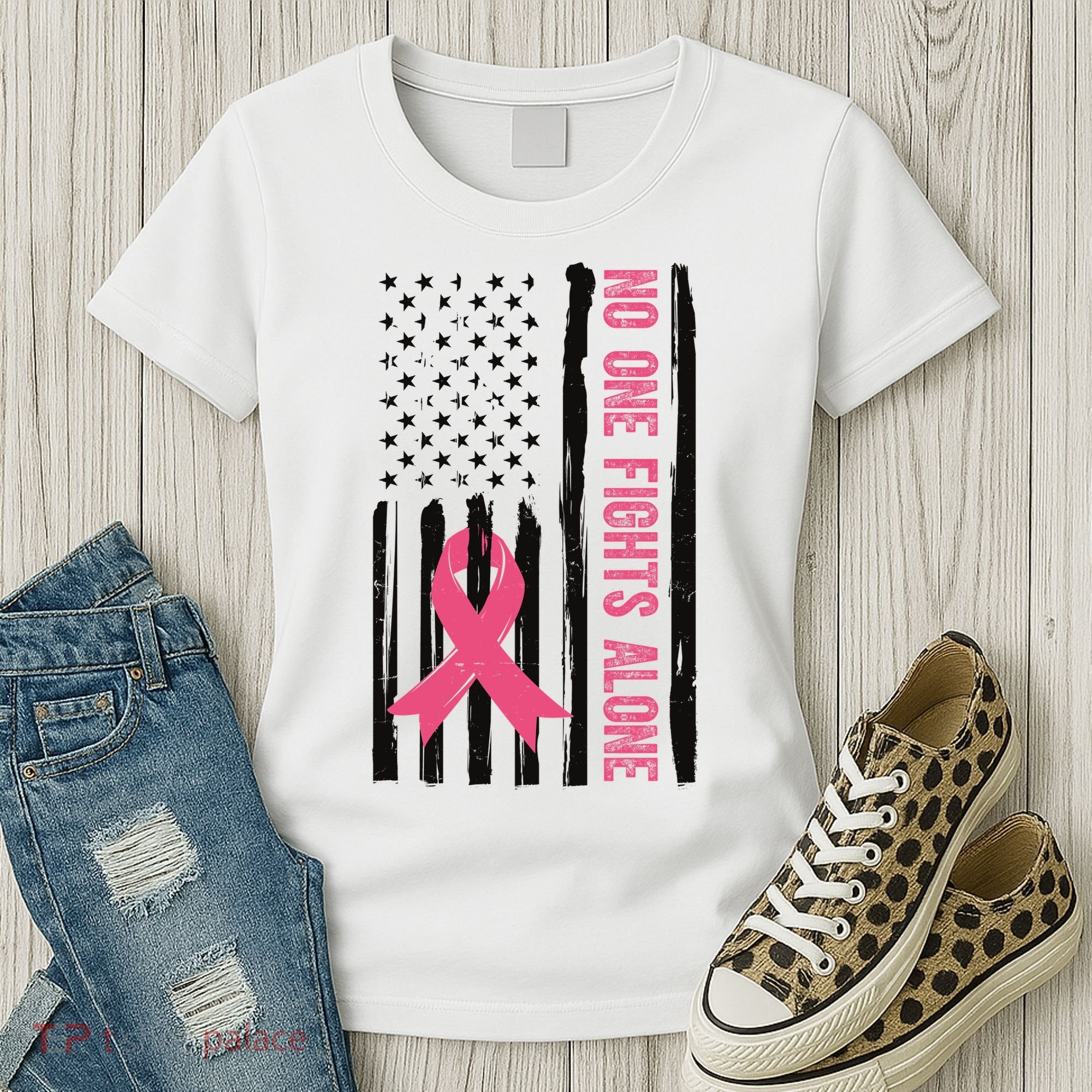 No One Fights Alone Breast Cancer Usa Ribbon Women's T-Shirt
