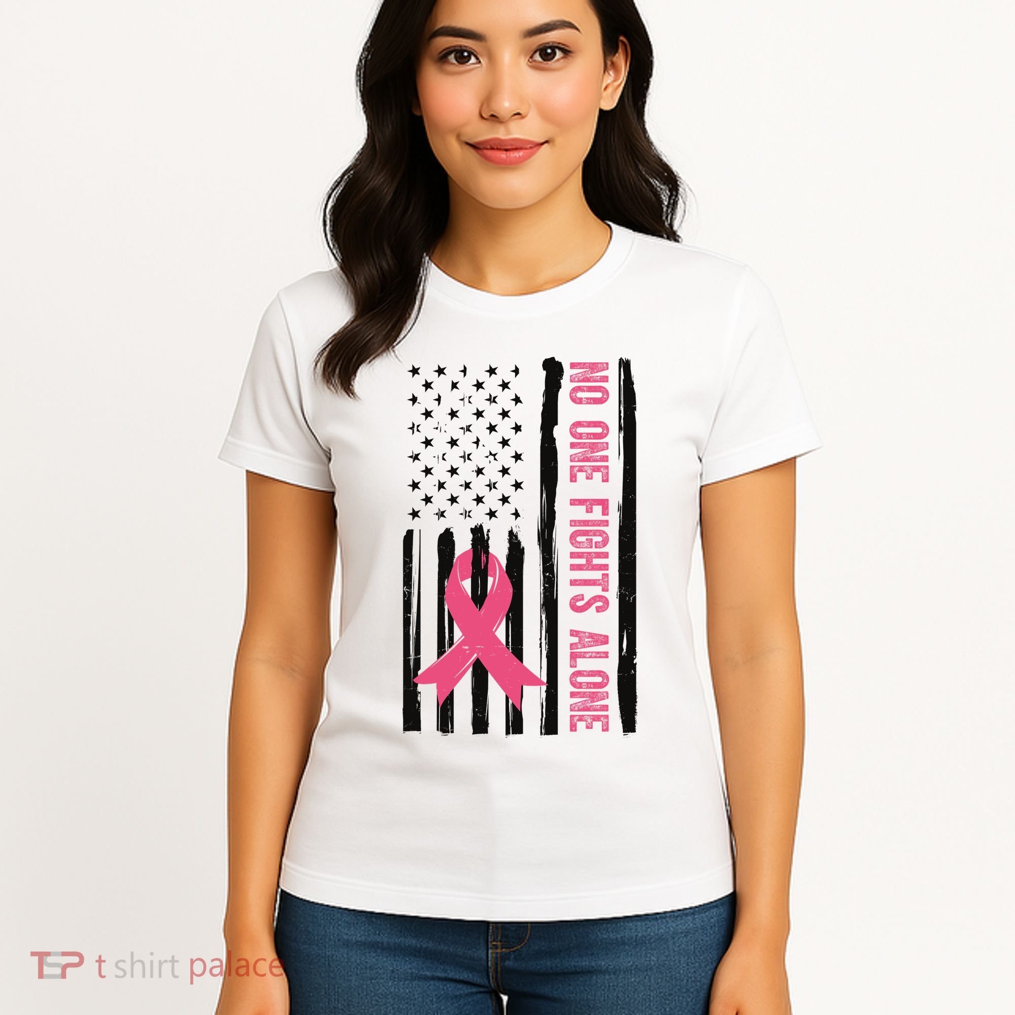 No One Fights Alone Breast Cancer Usa Ribbon Women's T-Shirt