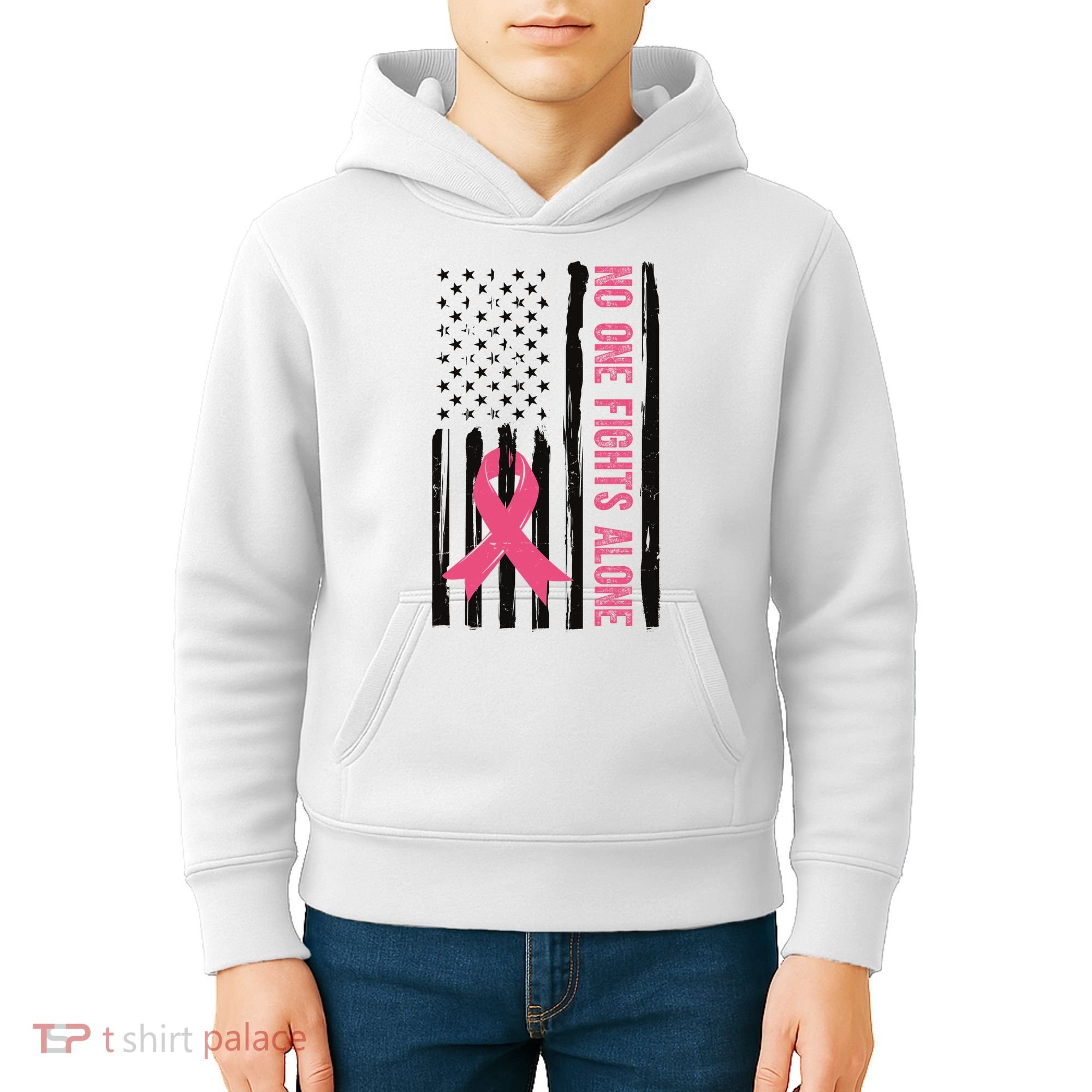 No One Fights Alone Breast Cancer Usa Ribbon Kids Hoodie
