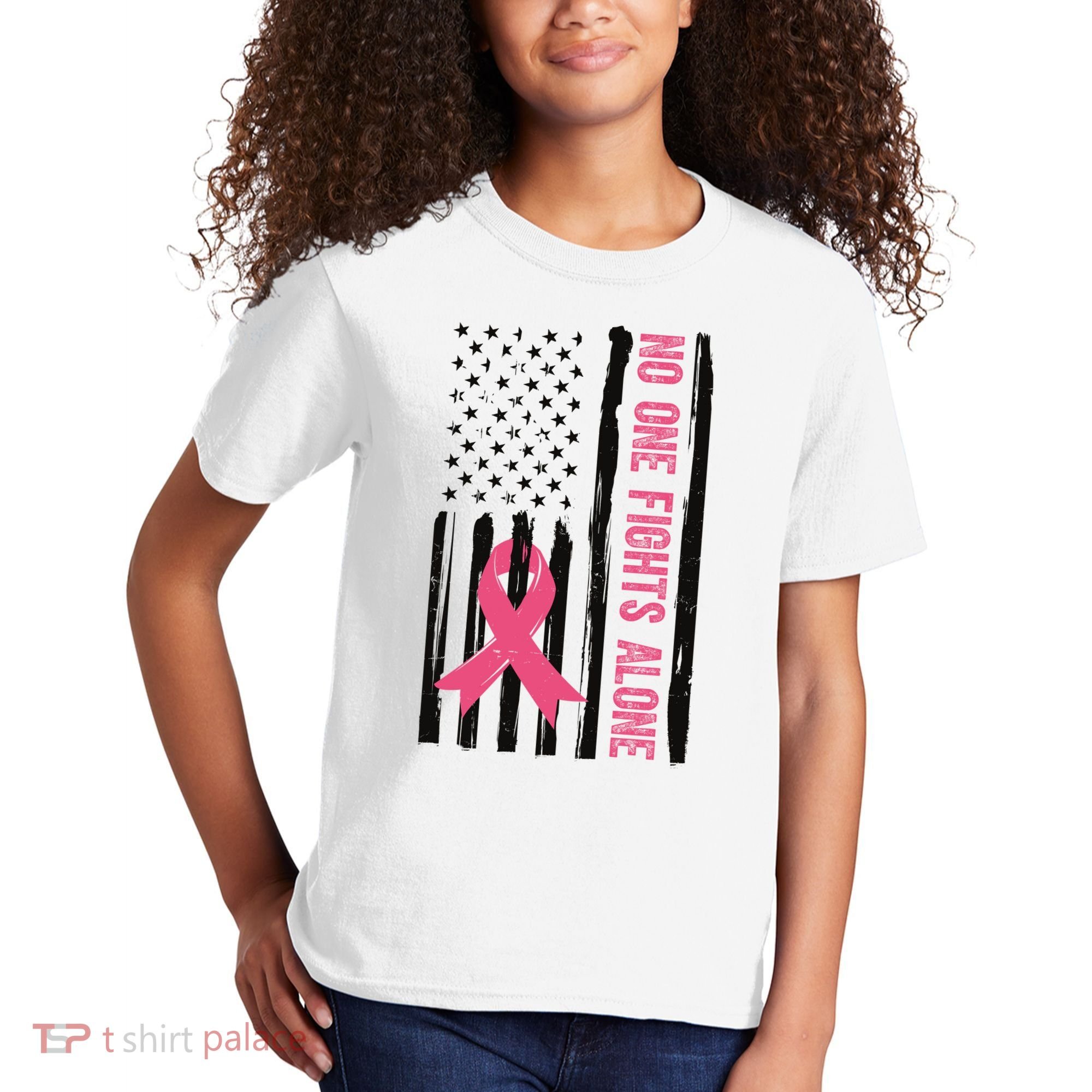 No One Fights Alone Breast Cancer Usa Ribbon Kids T-Shirt