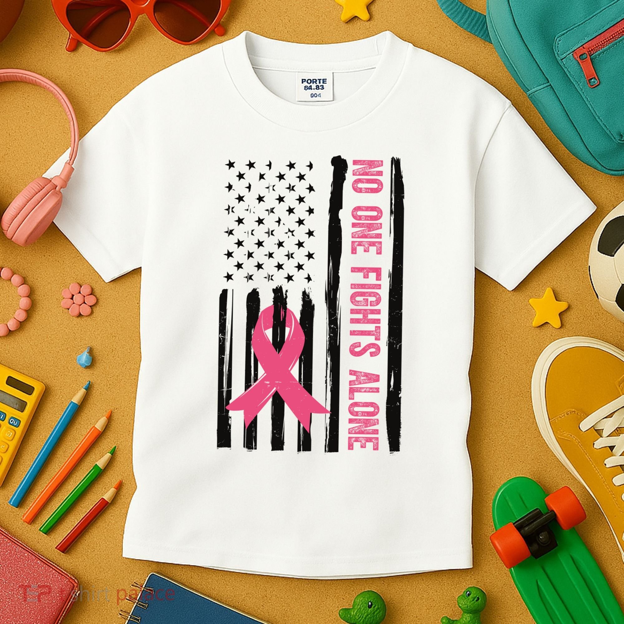 No One Fights Alone Breast Cancer Usa Ribbon Kids T-Shirt