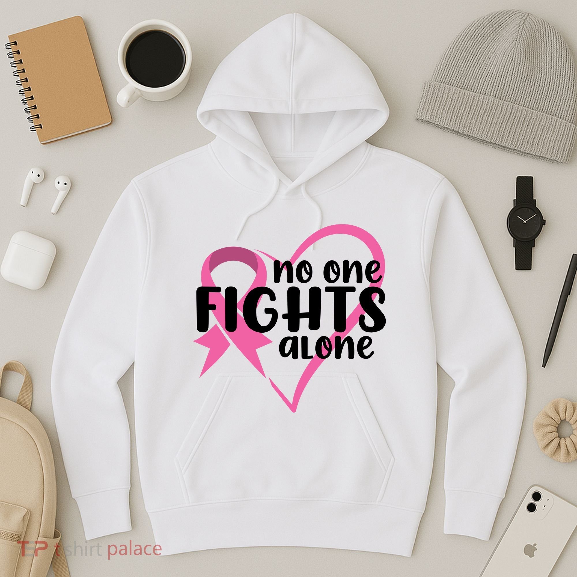 No One Fights Alone Breast Cancer Heart Hoodie