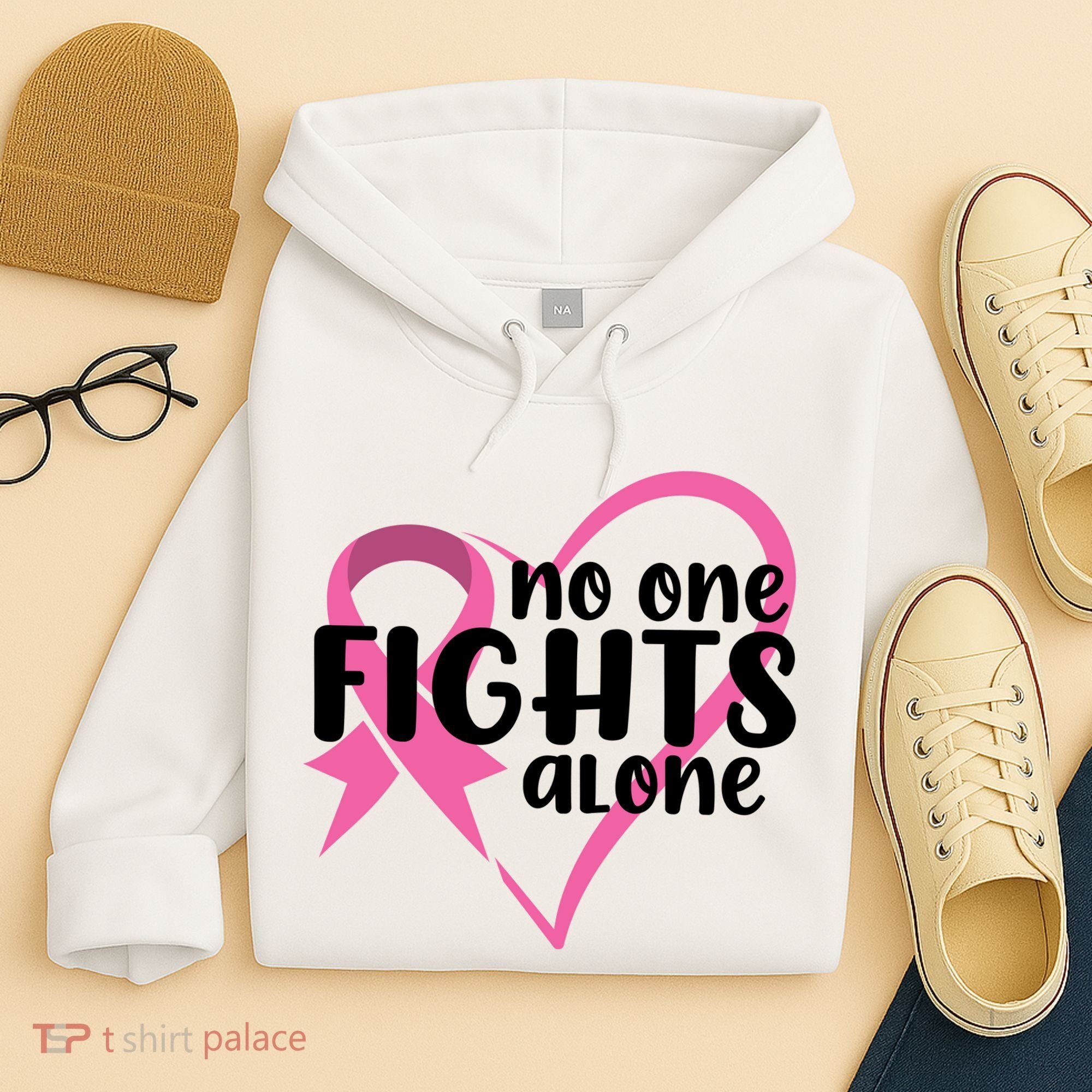 No One Fights Alone Breast Cancer Heart Hoodie
