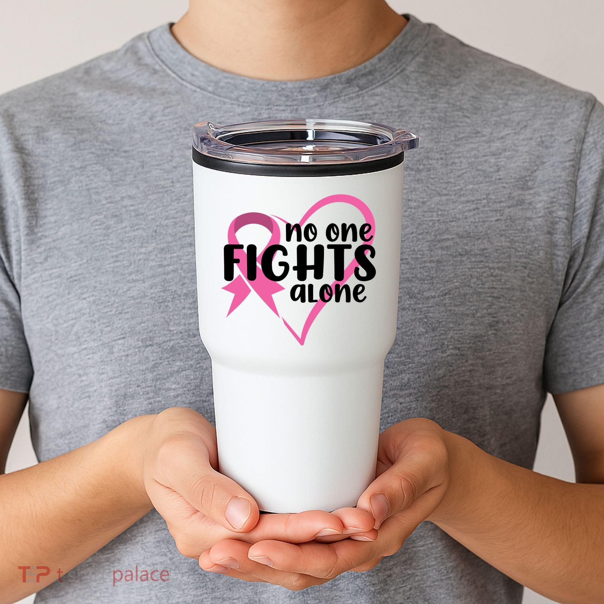 No One Fights Alone Breast Cancer Heart Tumbler