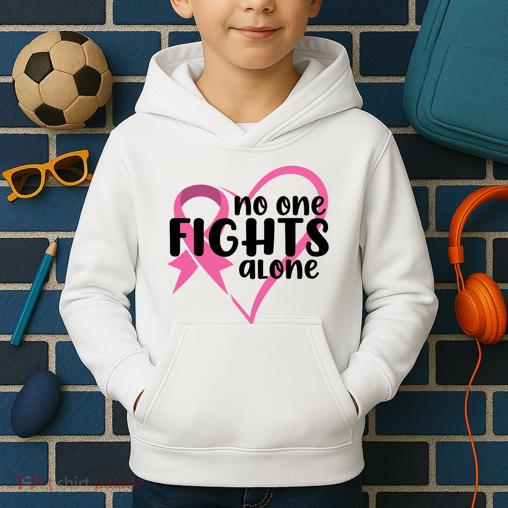 No One Fights Alone Breast Cancer Heart Kids Hoodie