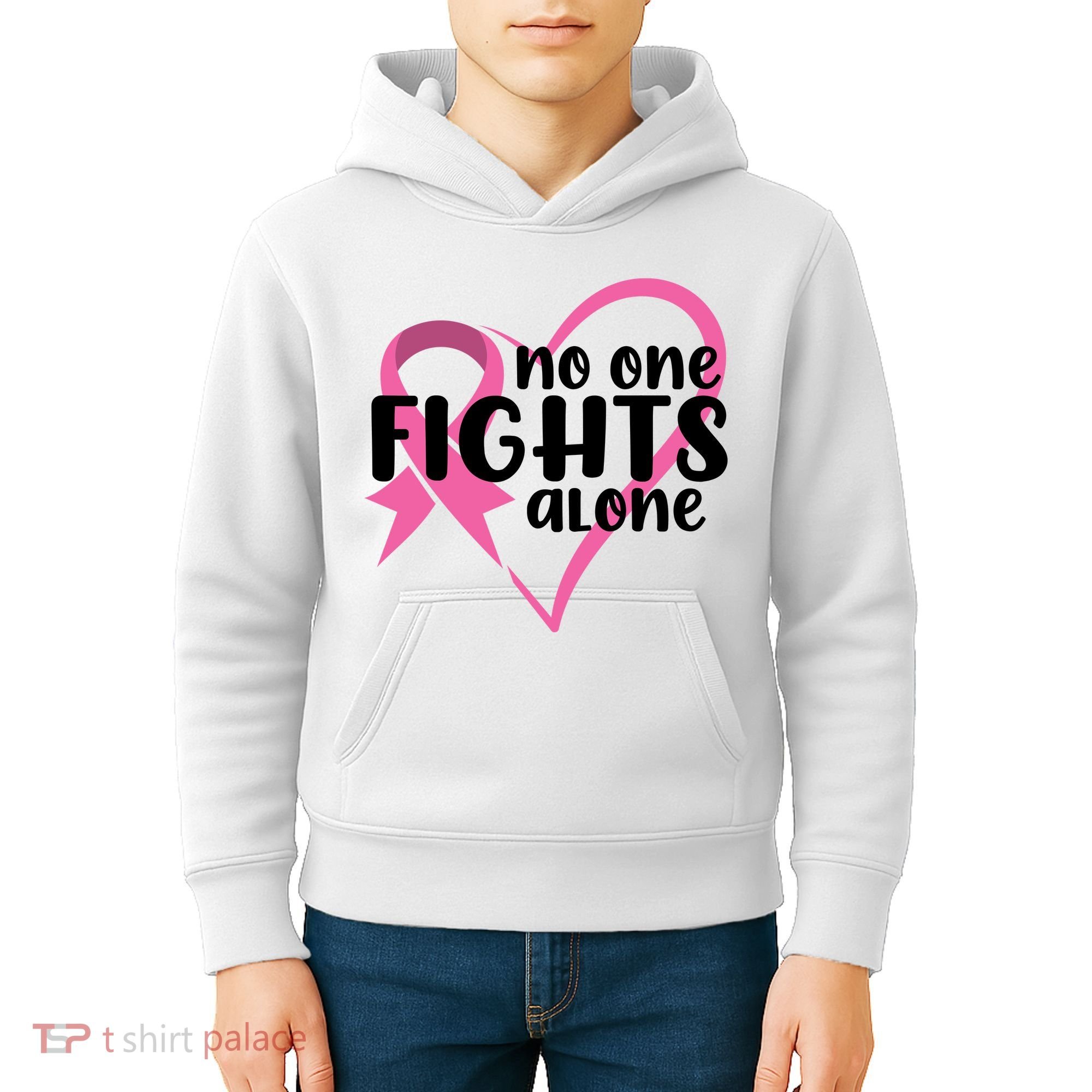 No One Fights Alone Breast Cancer Heart Kids Hoodie