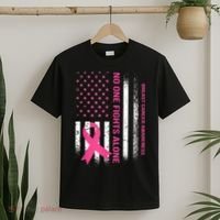 No One Fights Breast Cancer Alone USA Flag Pink Ribbon T-Shirt thumb 2