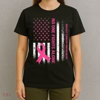 No One Fights Breast Cancer Alone USA Flag Pink Ribbon T-Shirt thumb 4