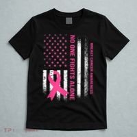 No One Fights Breast Cancer Alone USA Flag Pink Ribbon T-Shirt thumb 5
