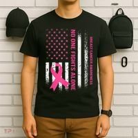 No One Fights Breast Cancer Alone USA Flag Pink Ribbon T-Shirt thumb 6
