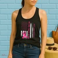 No One Fights Breast Cancer Alone USA Flag Pink Ribbon Women's Tank Top thumb 2