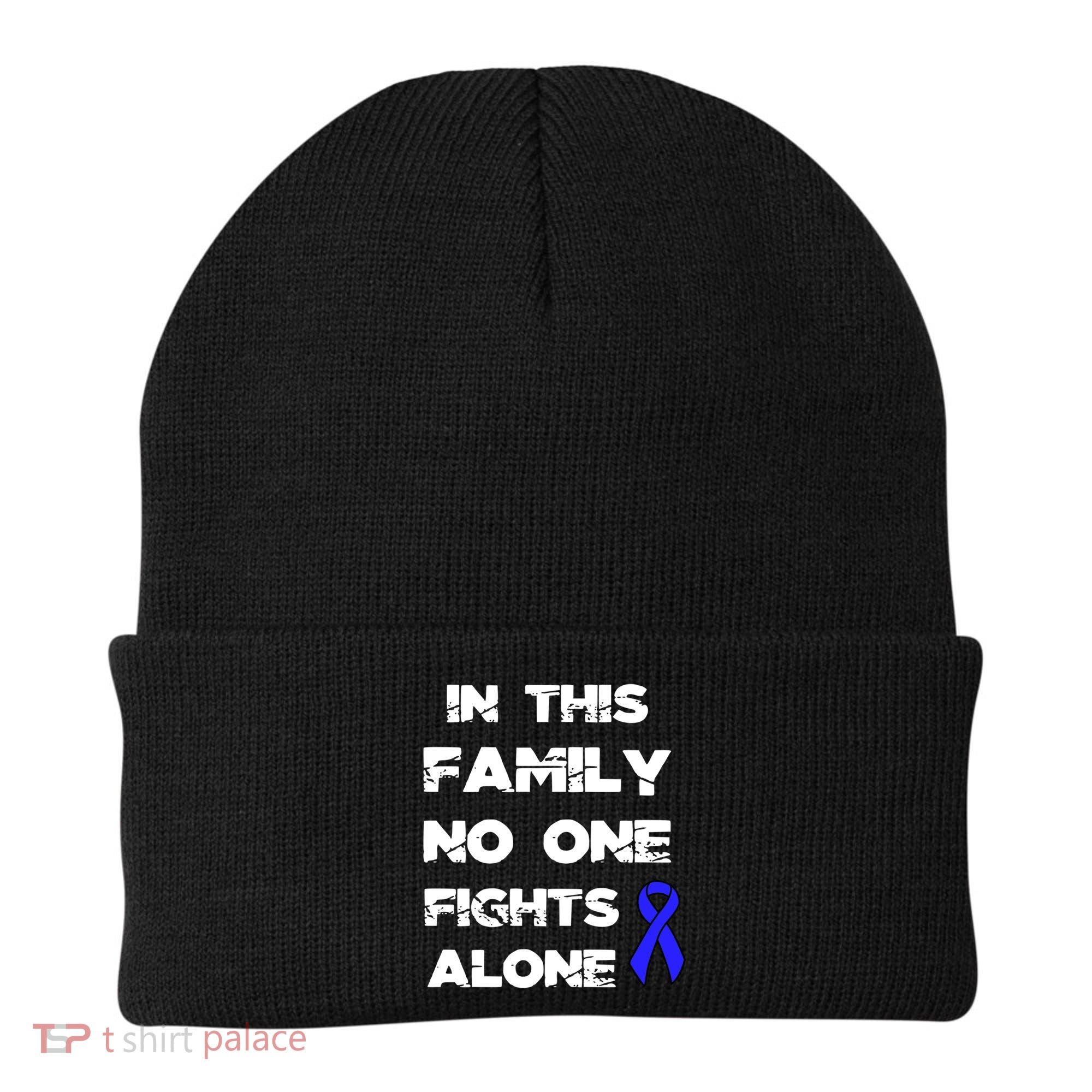 No One Fights Colon Cancer Alone Awareness Blue Ribbon Gift Beanie