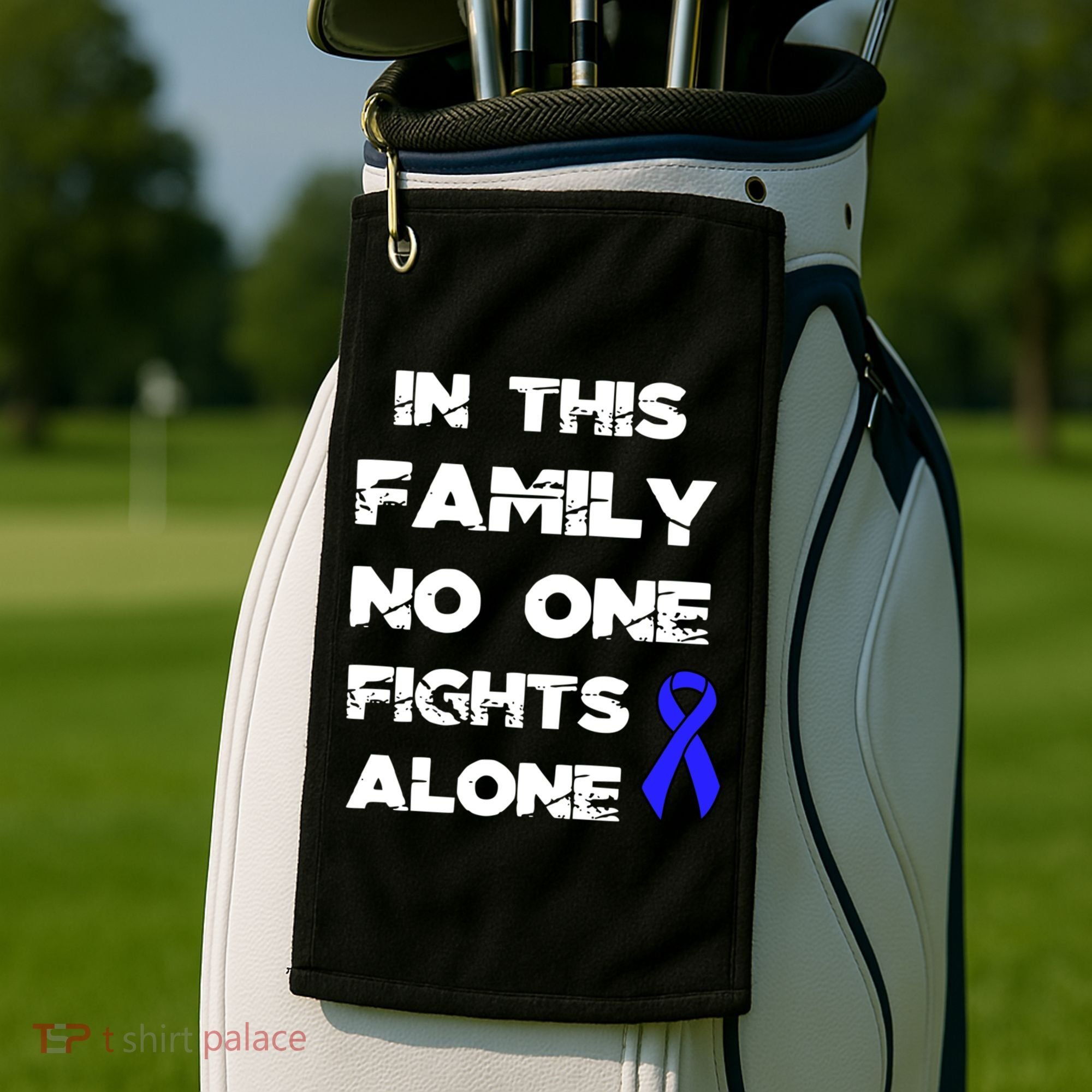 No One Fights Colon Cancer Alone Awareness Blue Ribbon Gift Golf Towel